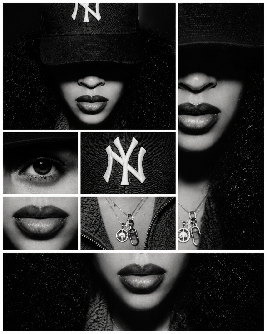 A black and white collage portrait — cap, lips, eye, charm necklace.