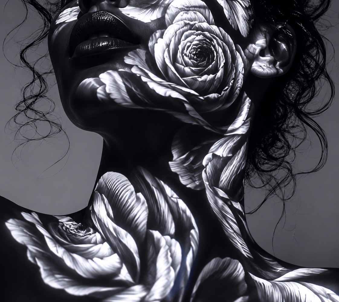 A black and white portrait of a woman with rose petals across her face, neck, and shoulders.